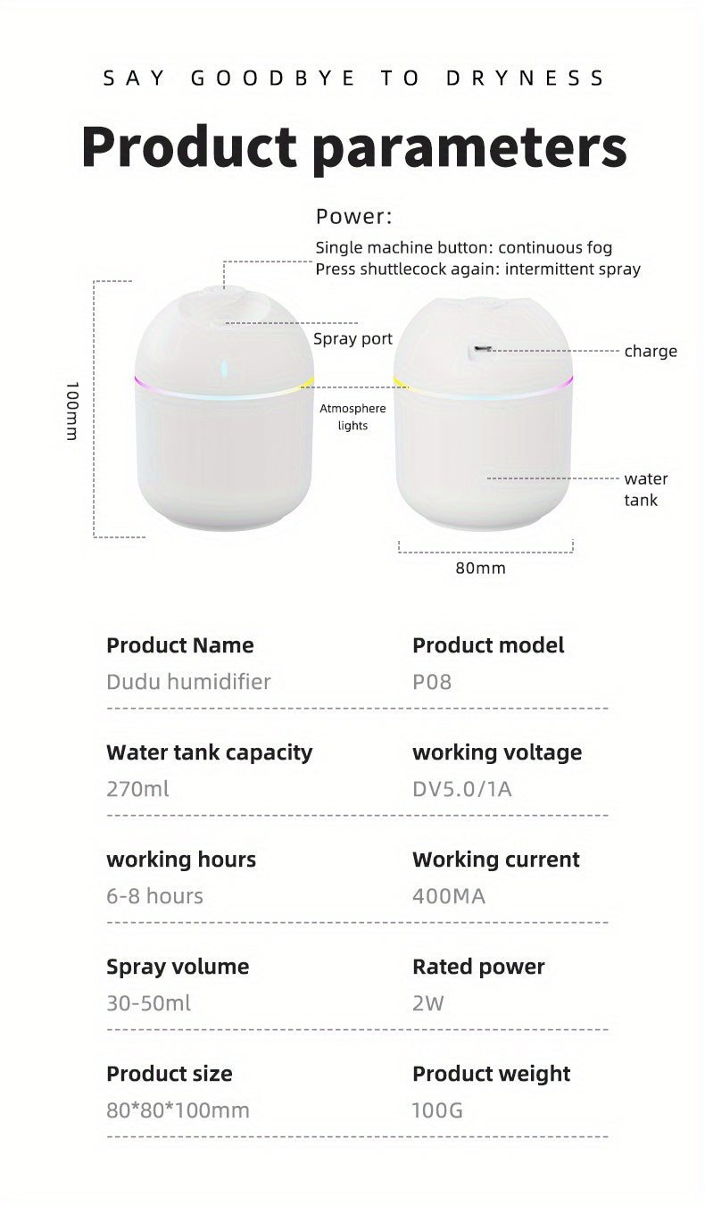 Humidificador Ultrasónico 270ml | Difusor de Aromas + Luz LED | Vapor Frío Silencioso